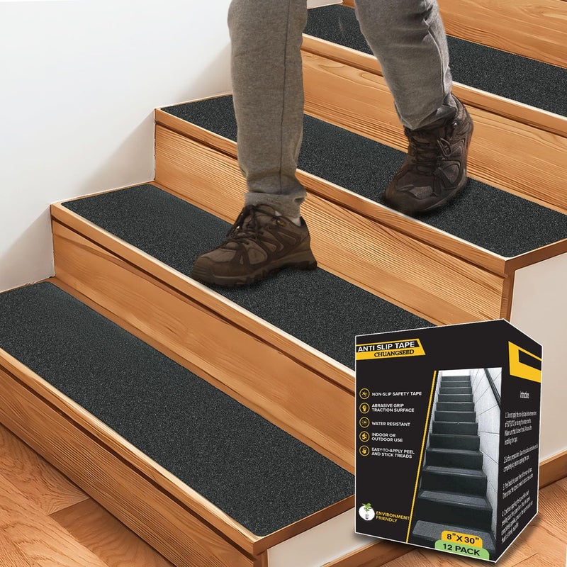 CHUANGSEED Stair Non-Slip Tape 8'' x 30'' (12-Pack), Heavy Duty Black Grit Anti-Slip,Indoor and Outdoor,High Traction Adhesive Treads Suitable for Most Slippery Surfaces - Image 1